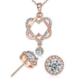 14K Rose Gold Plating White  Pav'e Interlocking Heart Necklace & Earrings