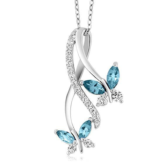 Mother and Child Butterfly Blue Topaz Necklace in 18K White Gold