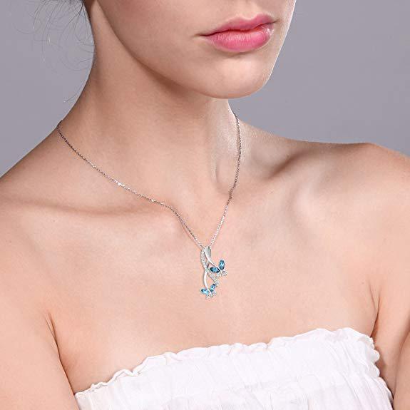 Mother and Child Butterfly Blue Topaz Necklace in 18K White Gold