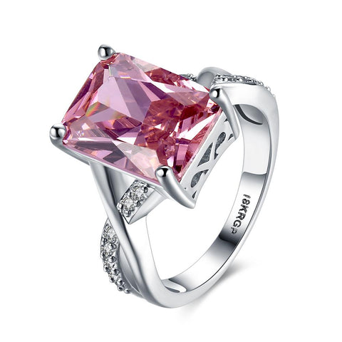 Emerald Cut Pink Crystal Swirl Ring Set in 18K White Gold Plating