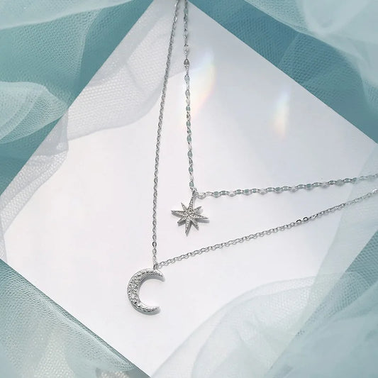 Double Layer Zircon Star Moon Pendant Necklace