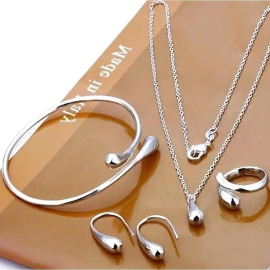 Silver Water Drop Earrings Ring Bracelet Set For Women