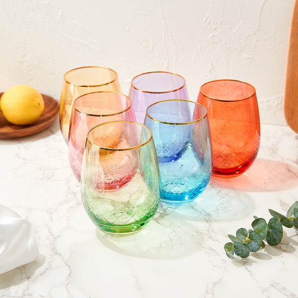 Colored Crystal Wine Glass Set of 6, Large 15 oz