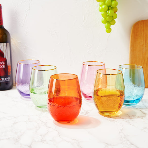Colored Crystal Wine Glass Set of 6, Large 15 oz