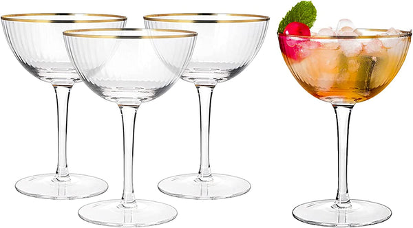 The Wine Savant Gold Rim Glasses 6 oz, Set of 4 Gold Rim Classic Manhattan Glasses For Martini, Cocktails, Champagne, Water & Wine - Classic Coupes Gilded Rimed, Crystal with Stems, Coupe-2