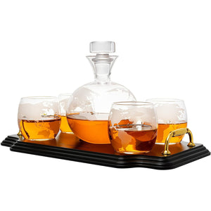 Etched World Map Globe Whiskey Decanter Set 750ml With 4 10oz Map Glasses 13" H x 13" L
