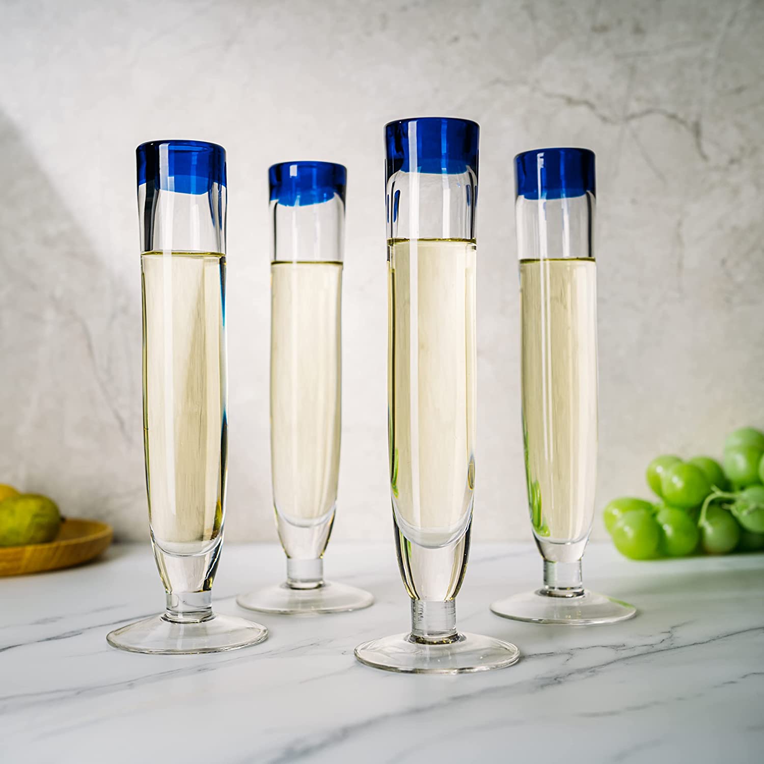 Hand Blown Cobalt Blue Rim Champagne Flutes Set of 4 By The Wine Savant – Luxury Mexican Glassware Thick Champagne, Juice & Cocktail Drinking Glass Flutes For Celebration, Weddings, Anniversary-2