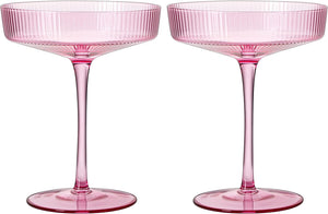 Set of 2 Ripple Ribbed Cocktail Coupe Colored Glasses by The Wine Savant - Prosecco, Mimosa, Sparkling Wine Toasting Goblet Glassware Perfect For Any Bar, Anniversaries, Weddings 8oz (Rose Pink)-9