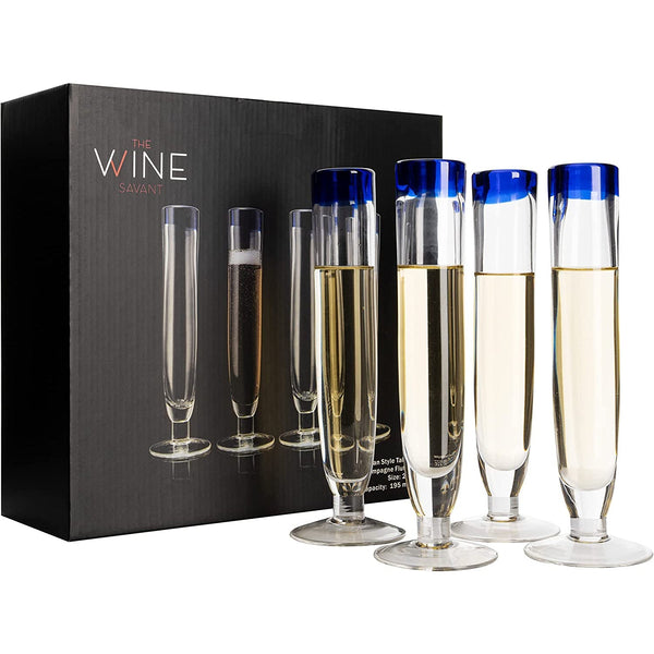 Hand Blown Cobalt Blue Rim Champagne Flutes Set of 4 By The Wine Savant – Luxury Mexican Glassware Thick Champagne, Juice & Cocktail Drinking Glass Flutes For Celebration, Weddings, Anniversary-0