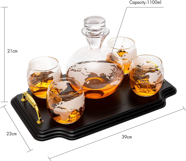 Etched World Map Globe Whiskey Decanter Set 750ml With 4 10oz Map Glasses 13" H x 13" L