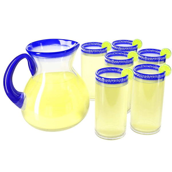Hand Blown Mexican Drinking Glasses and Pitcher – Set of 6 Glasses with Cobalt Blue 