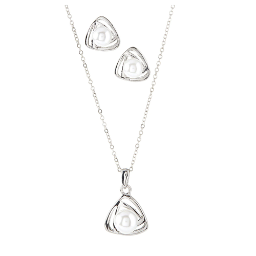White Gold and Pearl Love Knot Necklace and Earring Set