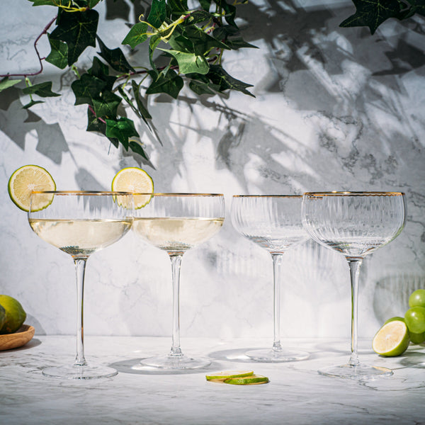 Gold Rim Glasses 7 oz, Set of 4 Gold Rim Classic Manhattan Glasses For Martini, Cocktails, Champagne, Wine Ribbed)