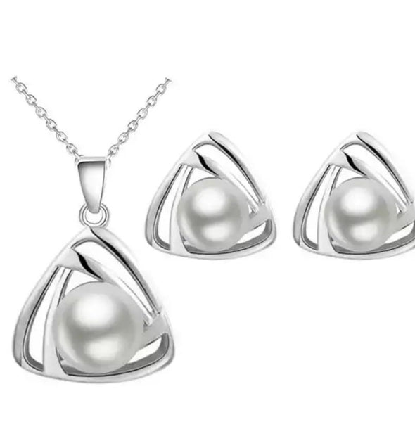 White Gold and Pearl Love Knot Necklace and Earring Set