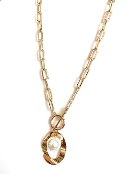 Large Link Necklace Gold Plated with Simulated Pearl