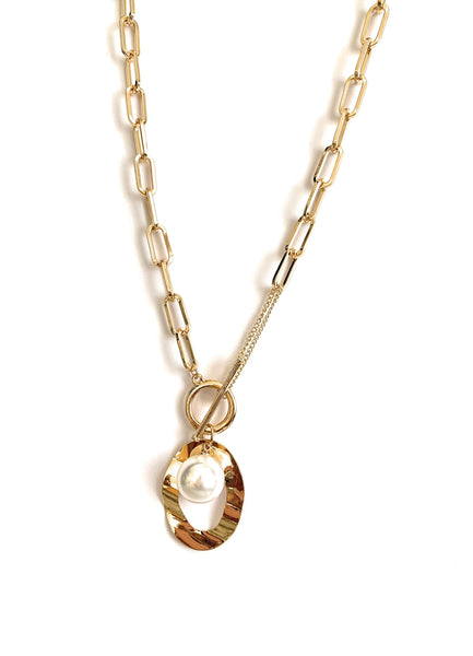 Large Link Necklace Gold Plated with Simulated Pearl