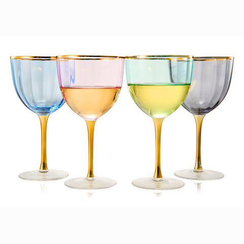 ArtDeco Colored Crystal Wine Glass Set of 4, Large 18oz Stemmed Glasses Vibrant Vintage Glasses for White & Red, Water, Margarita Glasses, Gift Idea, Color Glassware - Gilded Rim and Gold Stem